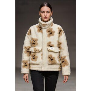 My Mum Made It Teddy Bear Sherpa Jacket Beige Brown Plush Fleece Coat Oversized